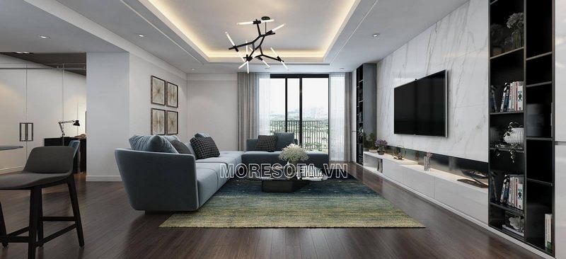 Thiết kế nội thất phòng khách hiện đại với bộ sofa bọc nỉ cao cấp màu xanh lam để tạo nên sự đẹp cho biệt thự.
