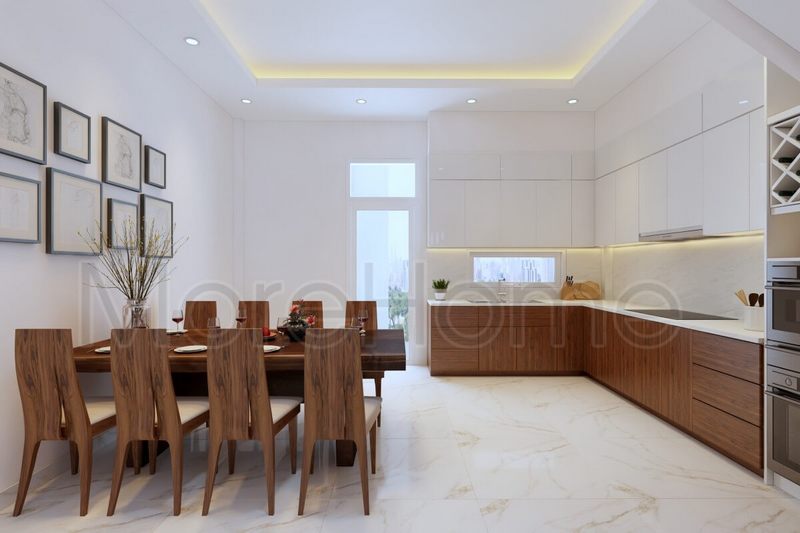 Mẫu tủ bếp có thiết kế chữ L, được làm từ gỗ công nghiệp với gam màu đồng nhất, cùng với nội thất âm tường giúp tiết kiệm được không gian nhưng vẫn mang lại sự sang trọng.