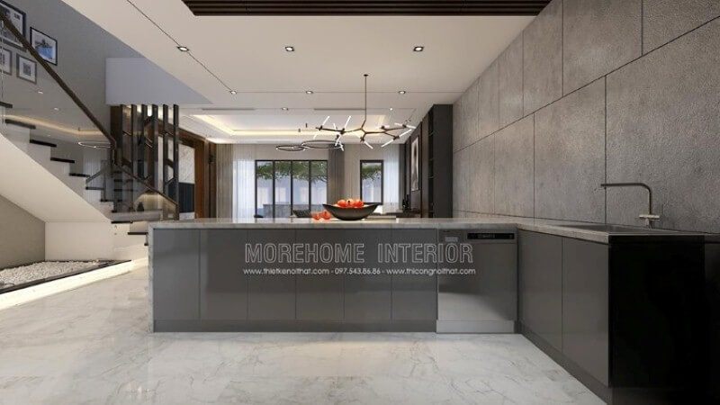 Ý tưởng trong mẫu trang trí nội thất biệt thự Parkcity này giúp bạn có thể bố trí không gian đảo tách biệt phòng bếp để phục vụ nhu cầu của mình và cũng có thể đáp ứng nhu cầu tức thời từ bộ tủ đựng đồ với máy rửa bát, bồn rửa tiện lợi.